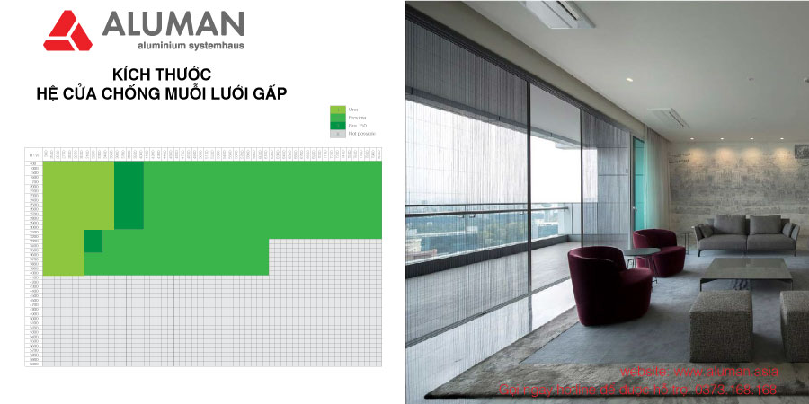 Kích thước hệ cửa chống muỗi lưới gấp Aluman