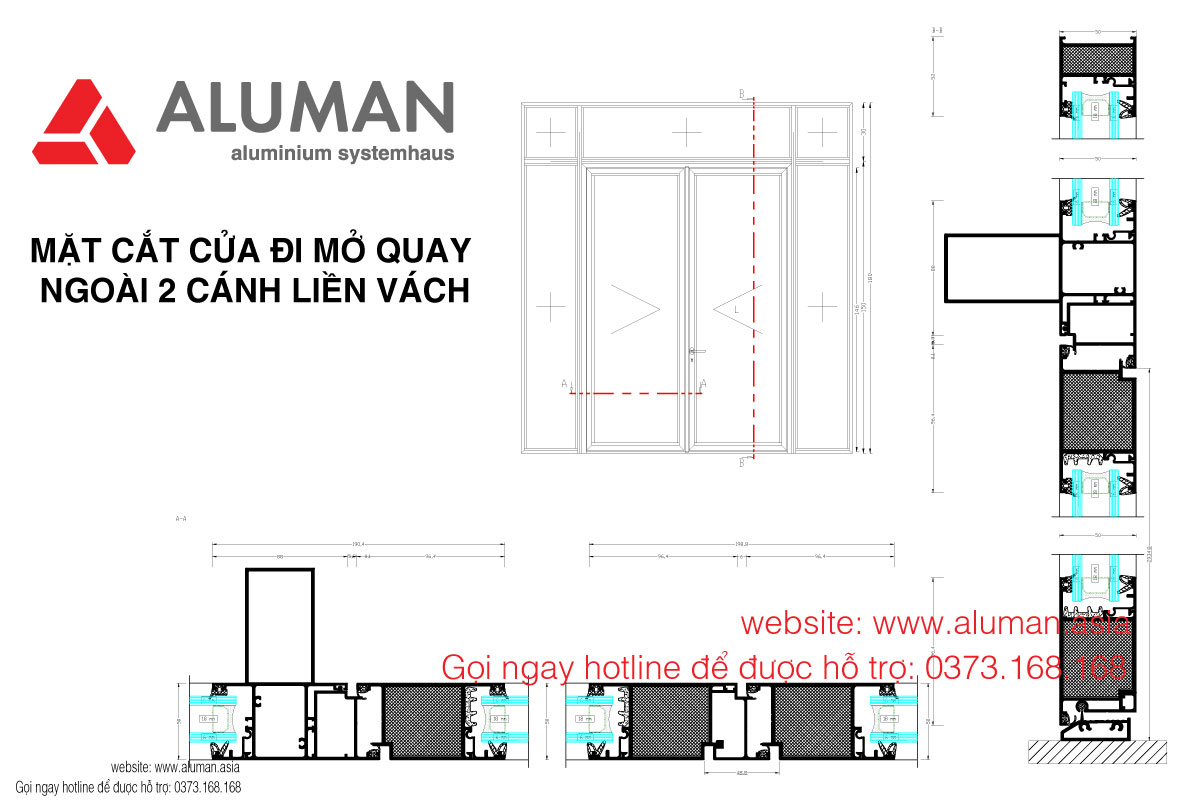 Mặt cắt cửa đi mở quay ngoài 2 cánh liền vách