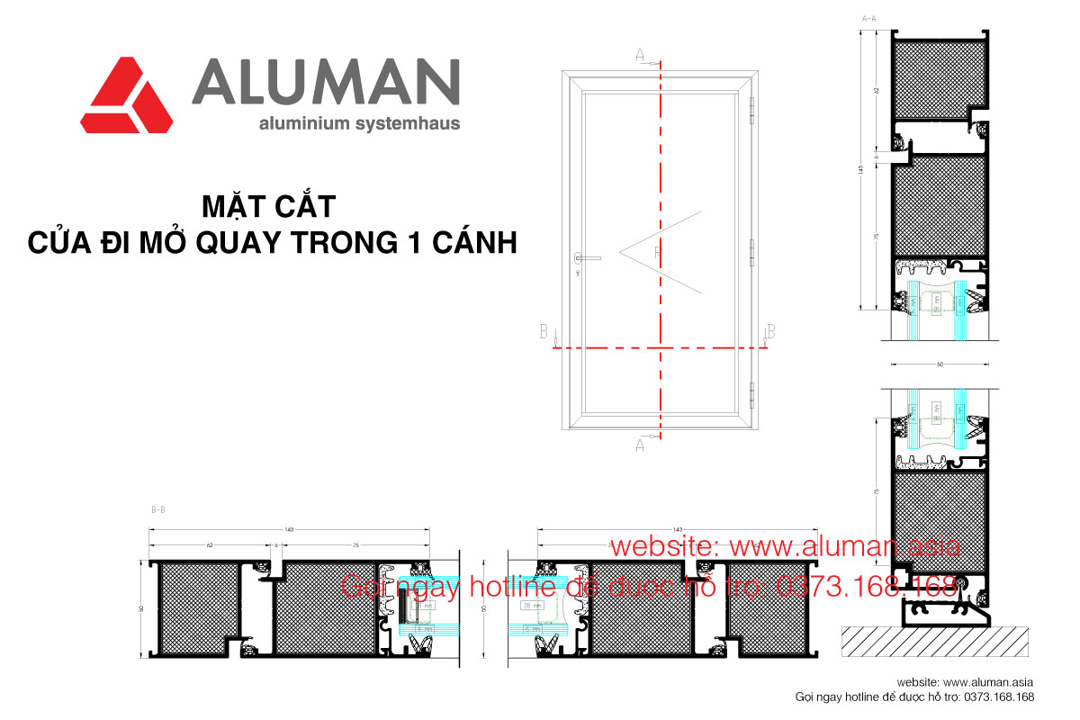 Mặt cắt cửa sổ mở quay trong 1 cánh
