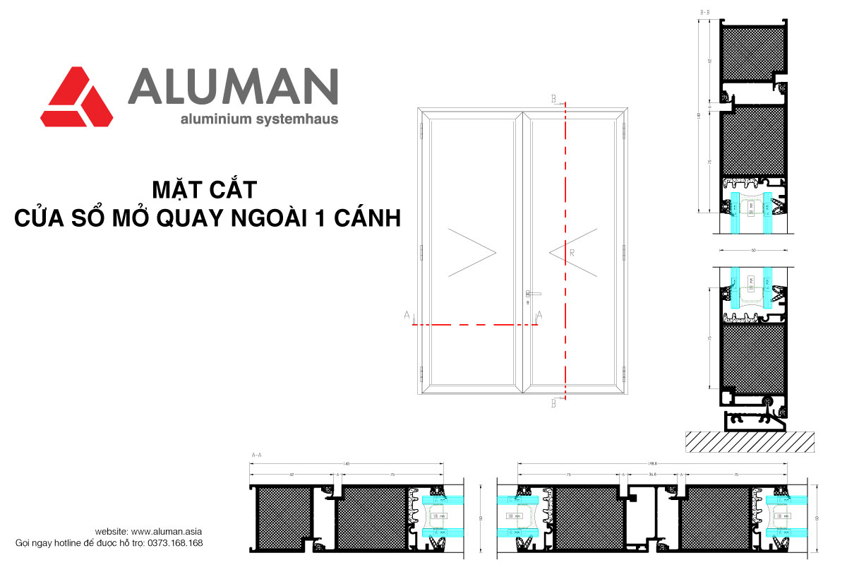Mặt cắt cửa sổ mở quay trong 2 cánh
