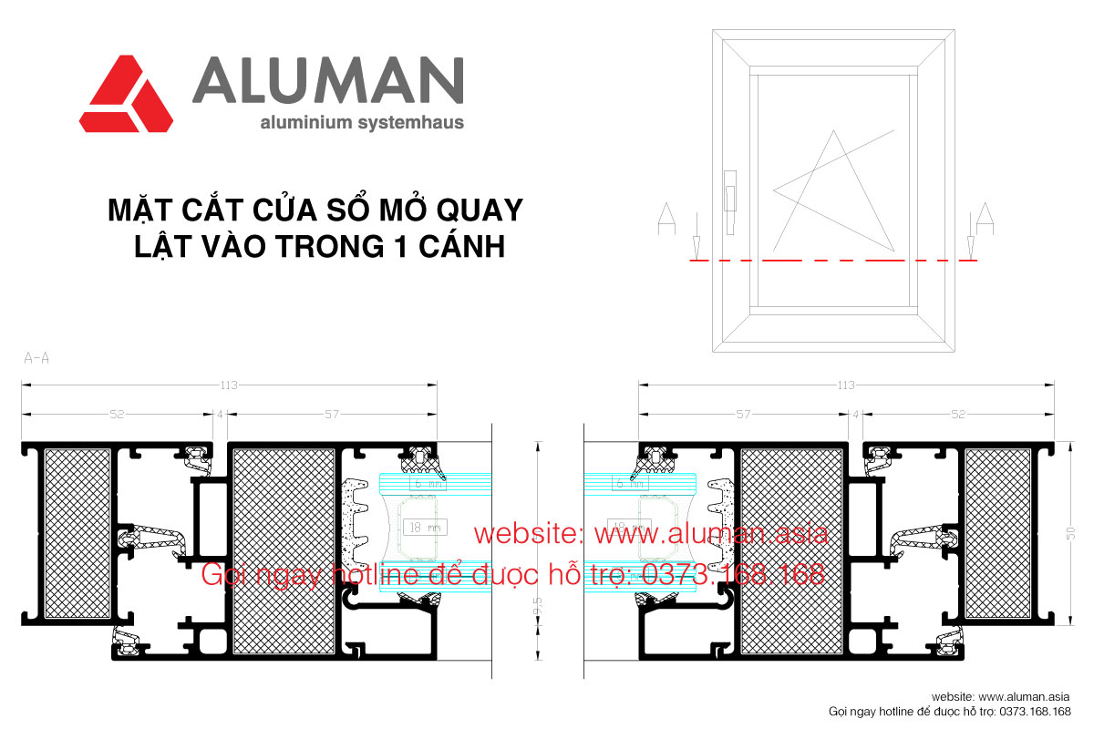 Mặt cắt cửa sổ mở quay lật vào trong 1 cánh