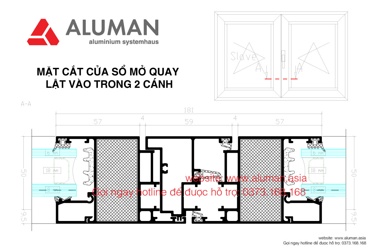 Mặt cắt cửa sổ mở quay lật vào trong 2 cánh