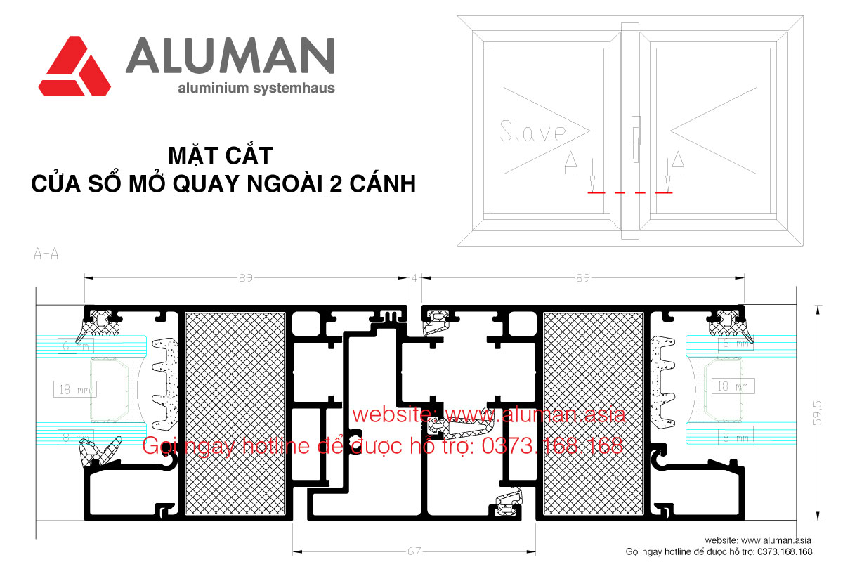 Mặt cắt cửa sổ mở quay ngoài 2 cánh