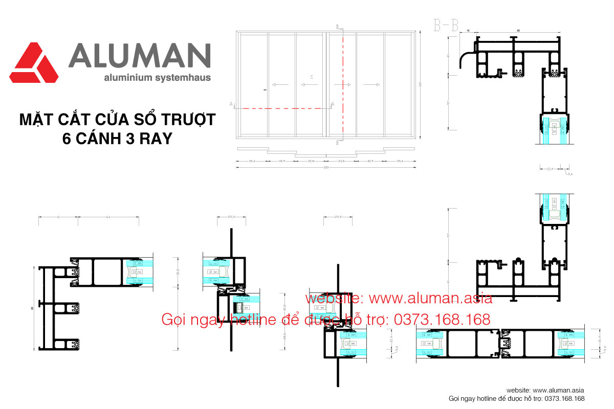 Mặt cắt cửa sổ trượt 6 cánh 3 ray