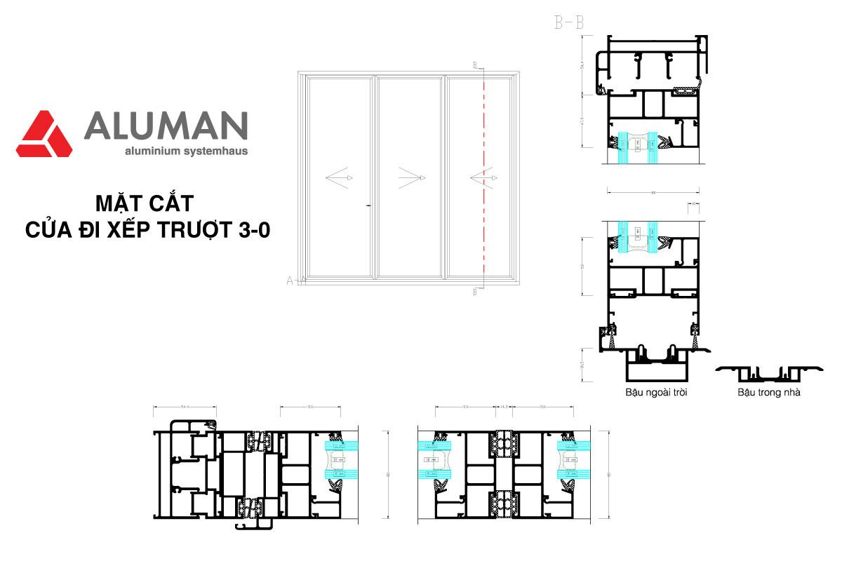 Mặt cắt cửa xếp trược 3-0 Aluman