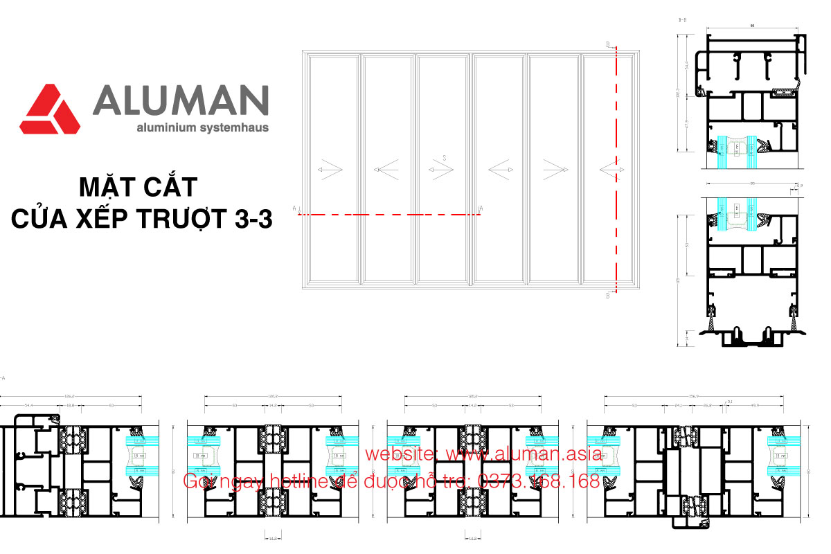 Mặt cắt cửa xếp trược 3-3 Aluman
