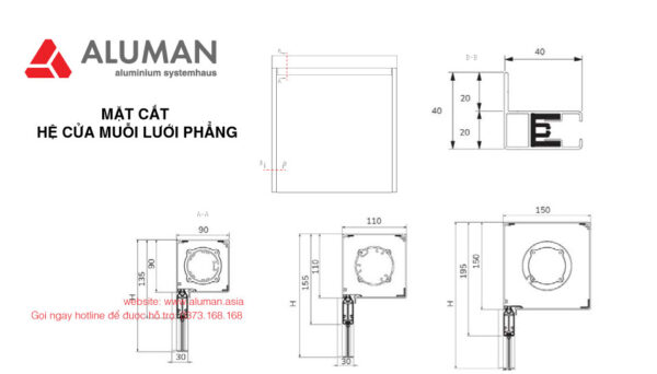 Mặt cắt hệ cửa muỗi lưới phẳng Aluman