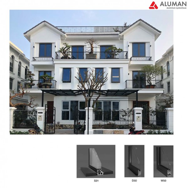 Hình ảnh thực tế lắp đặt cửa nhôm Aluman tại biệt thự 2 dồn 1 TL 03-44-46 KĐT Vinhomes Riverside