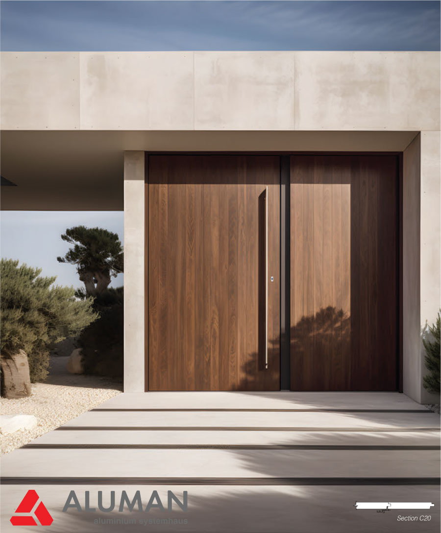 Cửa biệt thự ốp sồi biến tính nhập khẩu Châu Âu lên cửa đi chính kết hợp khóa điện, vân tay sinh trắc học trên cánh cửa.