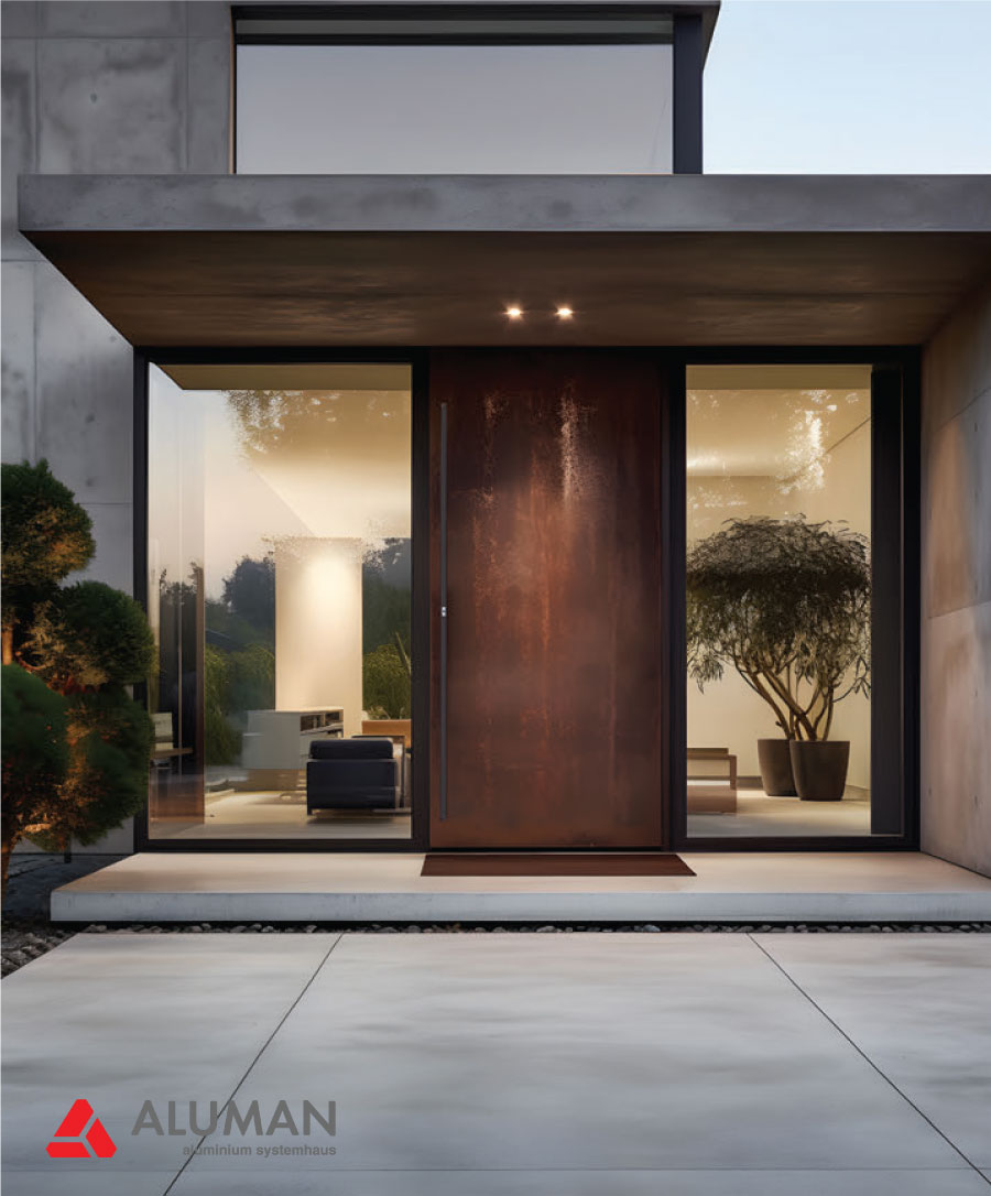 Cửa biệt thự ốp thép corten lên cửa đi chính kết hợp khóa điện, vân tay sinh trắc học trên tay nắm cửa