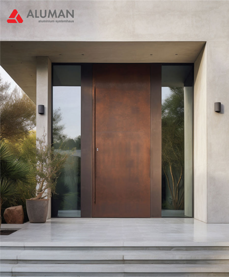 Cửa biệt thự Aluman ốp thép corten lên cửa đi chính kết hợp khóa điện, vân tay sinh trắc học trên cánh cửa