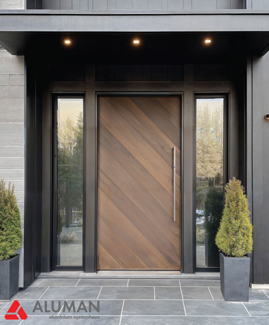 Cửa nhôm biệt thự ốp sồi biến tính nhập khẩu Châu Âu lên cửa đi chính kết hợp khóa điện, vân tay sinh trắc học trên tay nắm.
