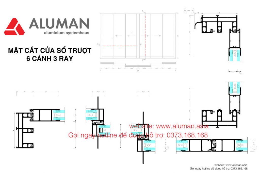 Mặt cắt cửa sổ mở trượt 6 cánh 3 ray